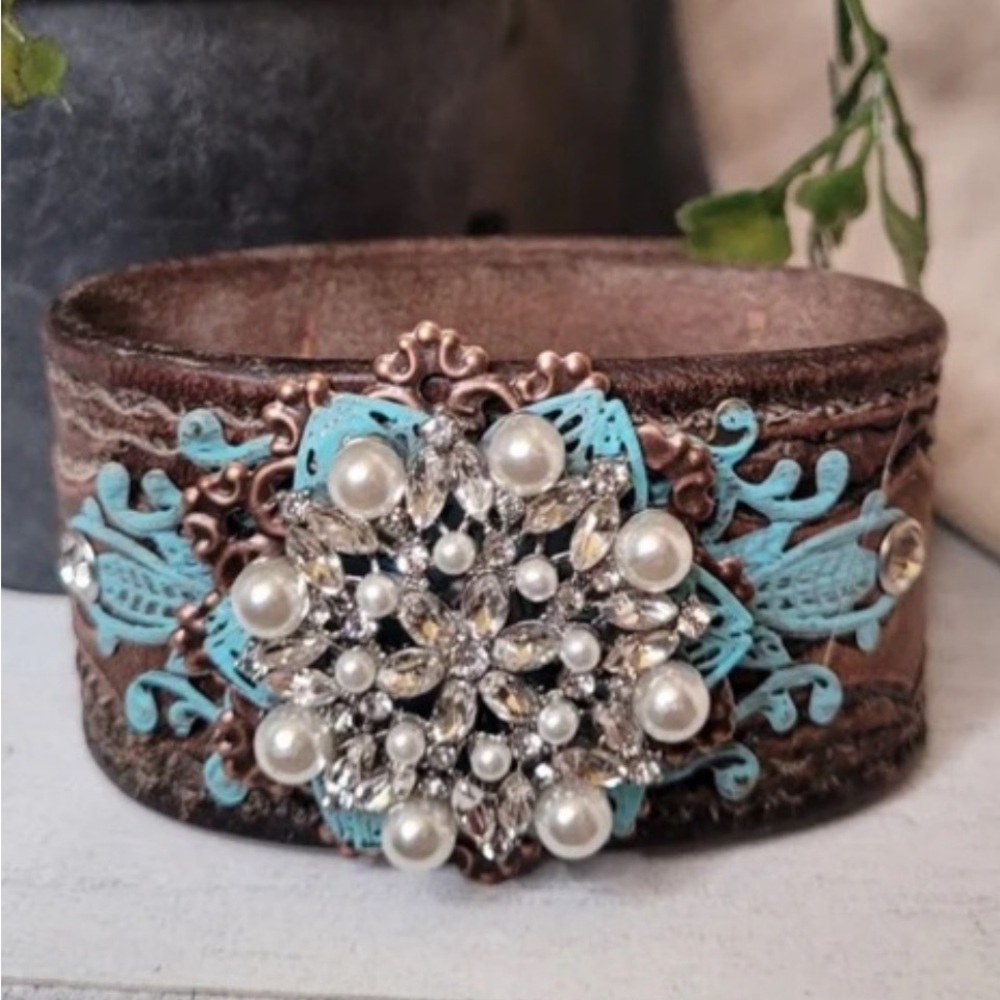 Leather Handmade snap bracelet cuff with shiny jewelry bling.  EUC